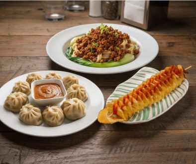 Steamed momo with dipping sauce, keema noodles, and spiral potato