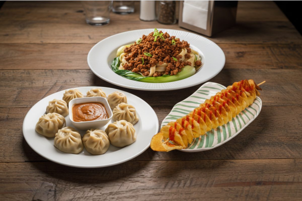 Steamed momo with dipping sauce, keema noodles, and spiral potato