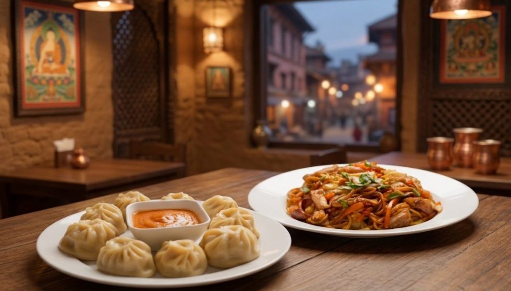 A plate of fresh, soft steamed Momo served with spicy dipping sauce at Rincs Roadside