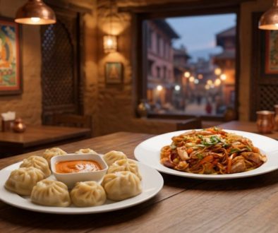 A plate of fresh, soft steamed Momo served with spicy dipping sauce at Rincs Roadside