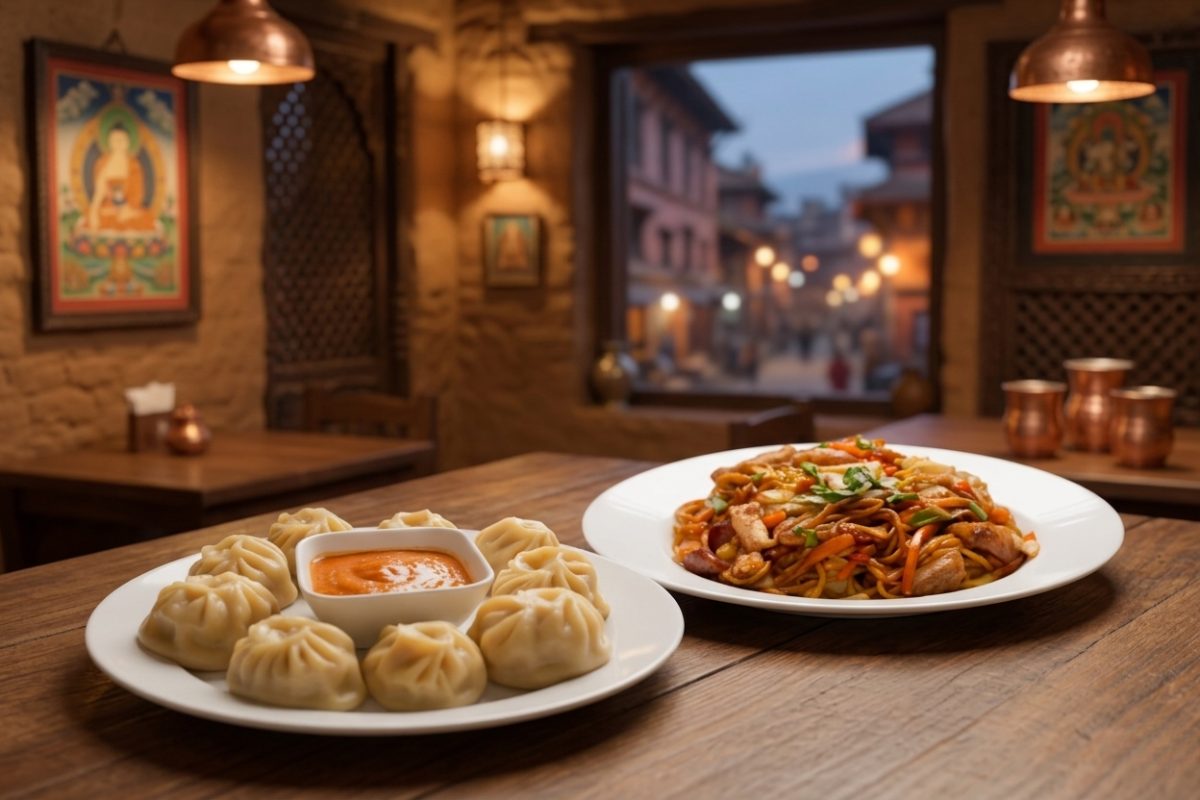 A plate of fresh, soft steamed Momo served with spicy dipping sauce at Rincs Roadside